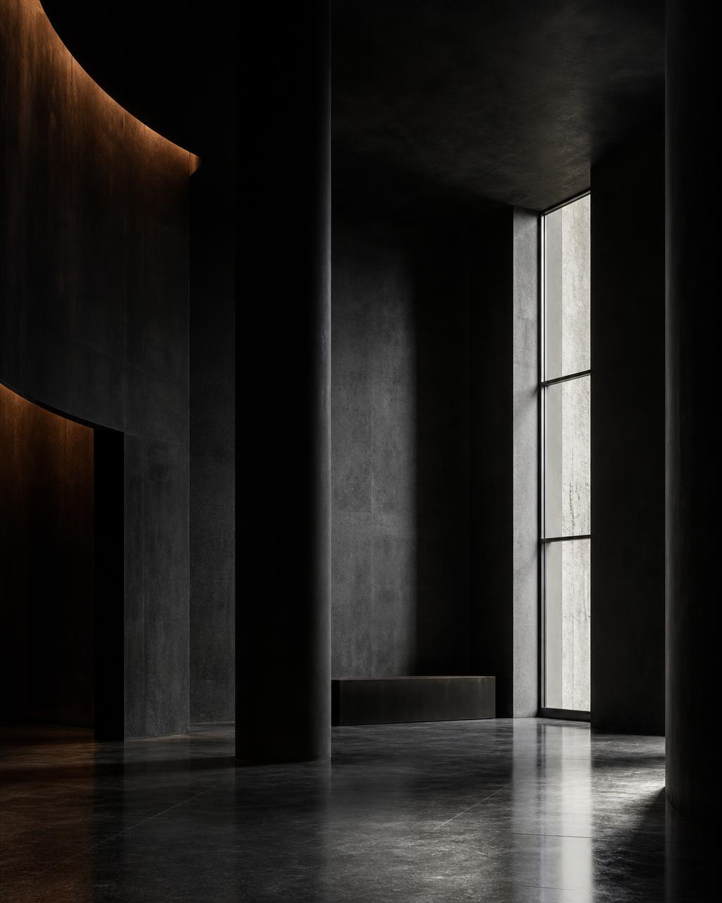 Dark architectural interior, editorial abstract visual
