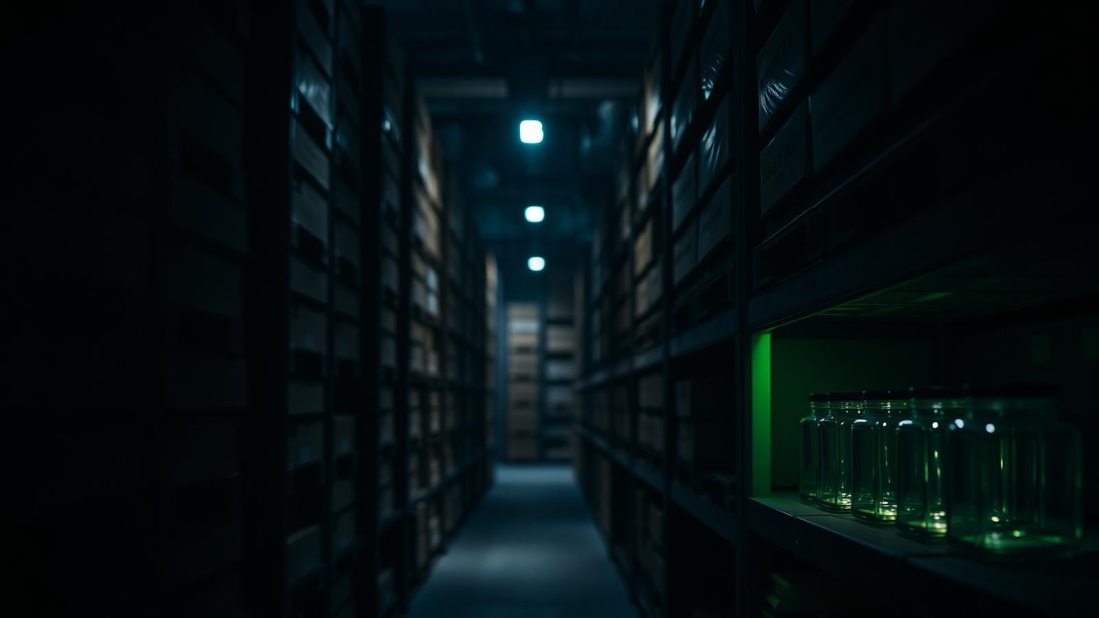 Dark European warehouse aisle with sealed glass jars on a shelf, lit by muted green accent light