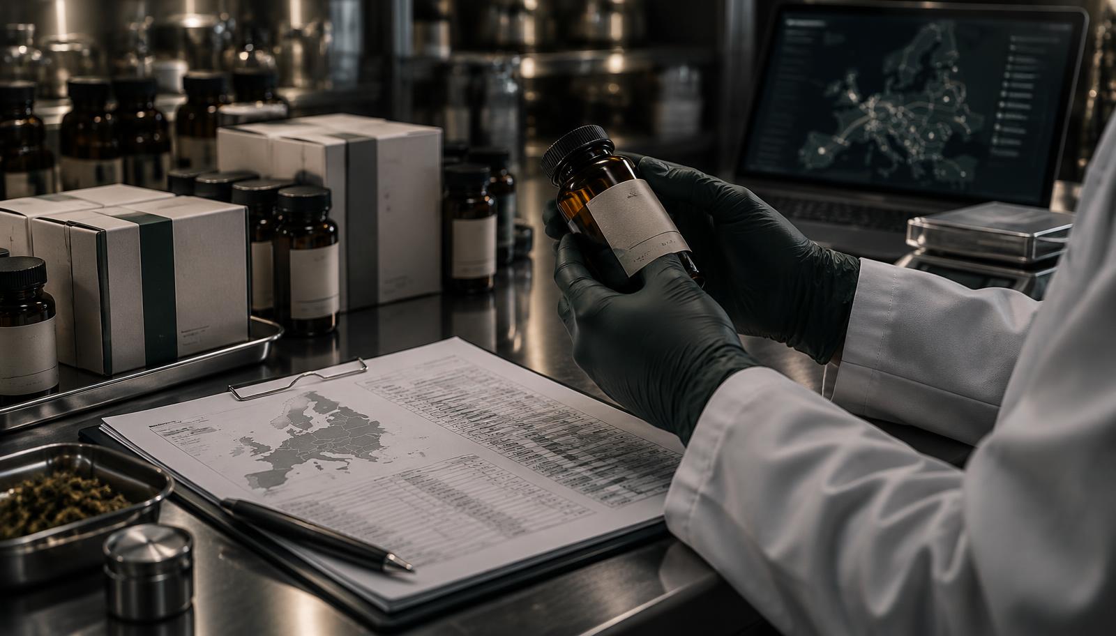 A pharmaceutical supply professional reviewing labelled products, batch documentation and European distribution requirements
