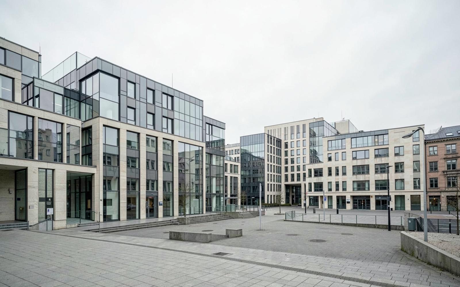 Contemporary German business district representing the healthcare and pharmaceutical market