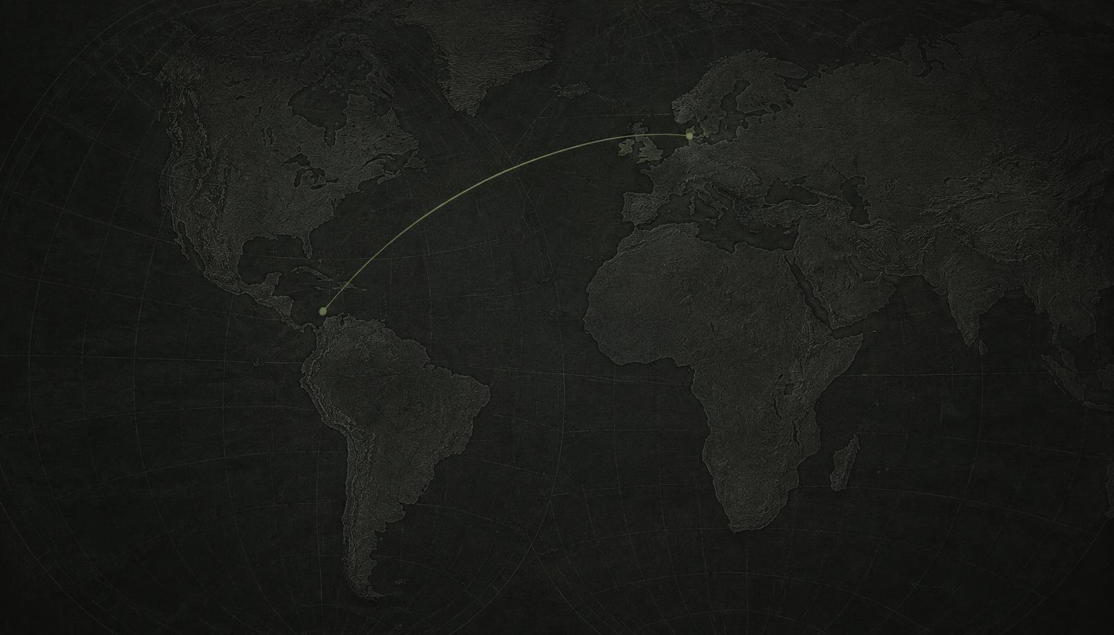 Abstract dark map texture with a muted green route line from the Americas toward Europe