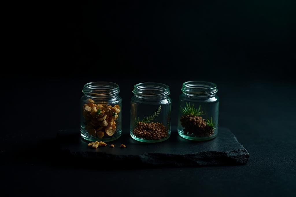 Three glass jars with different botanical samples on dark slate, symbolising comparing European cannabis markets