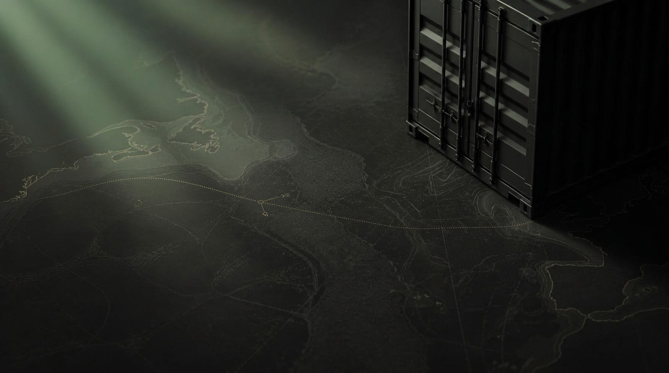 Dark editorial still life with a shipping container and a faint transatlantic chart